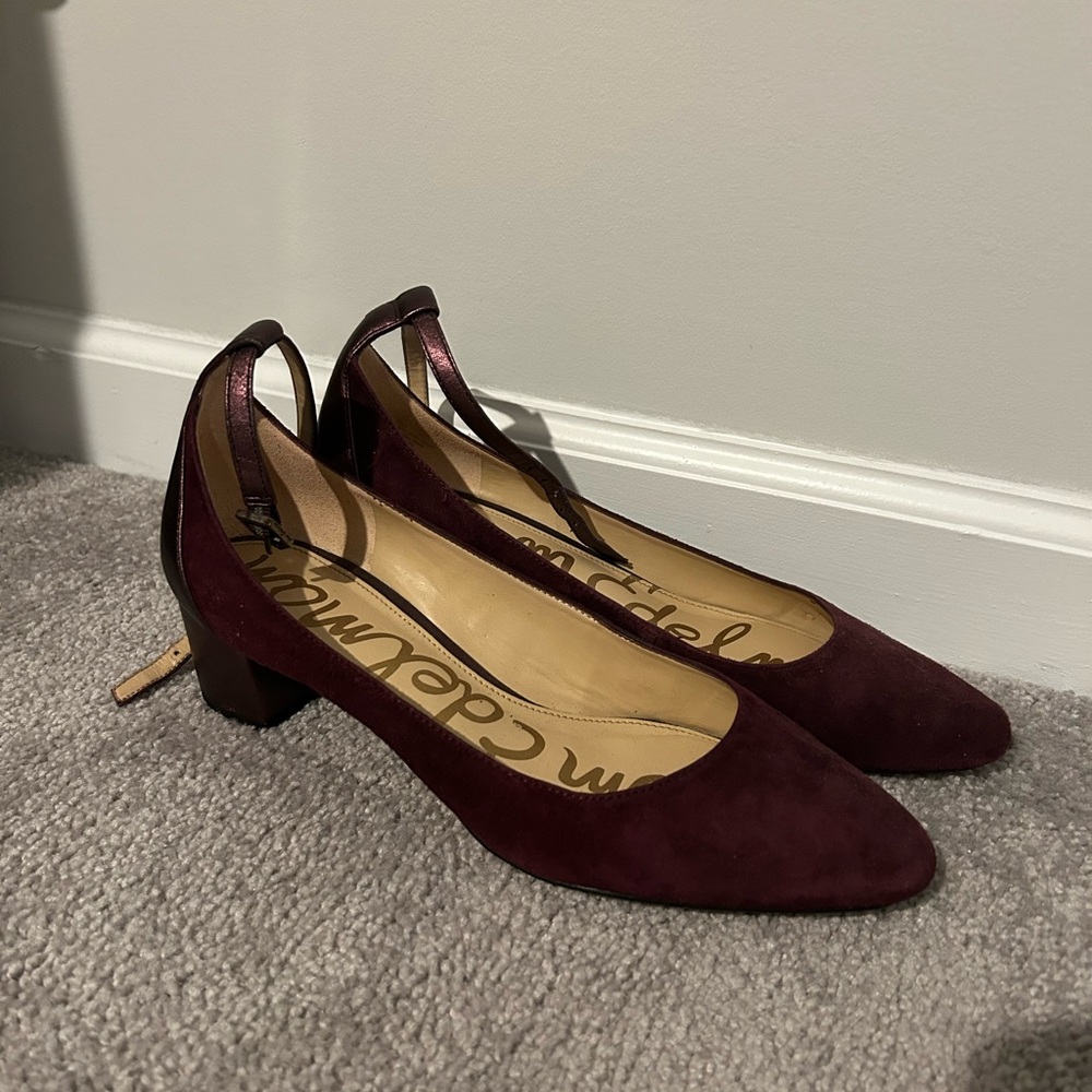 Sam Edelman 9 Lola Suede Two Tone Pumps Ankle Strap Metallic Red Purple Burgundy